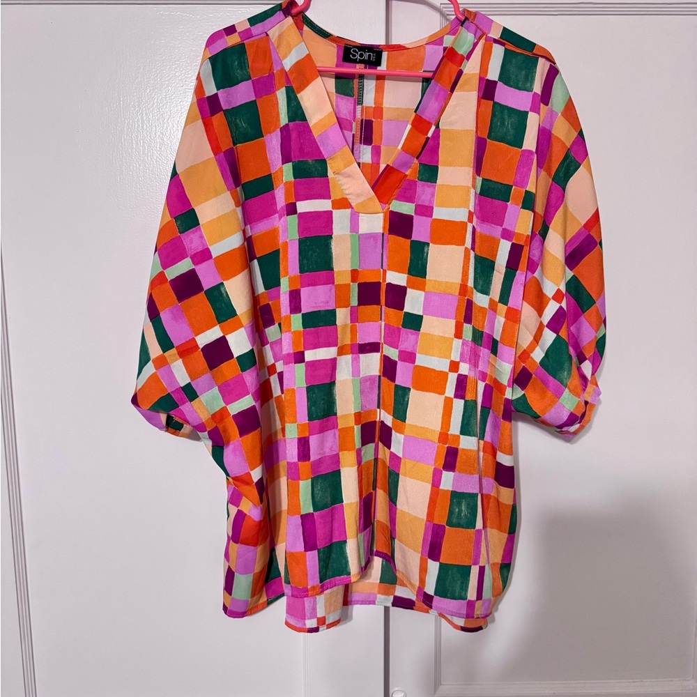 Multicolor Plaid V-Neck Women's Top - Pink & Orange